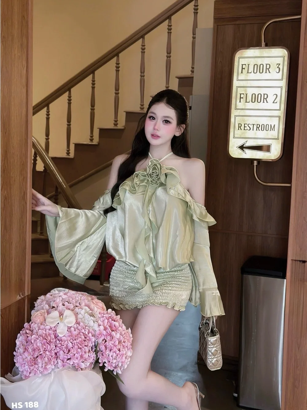 Satin Ruffle Off-Shoulder Top and Mini Skirt Set in Pale Green